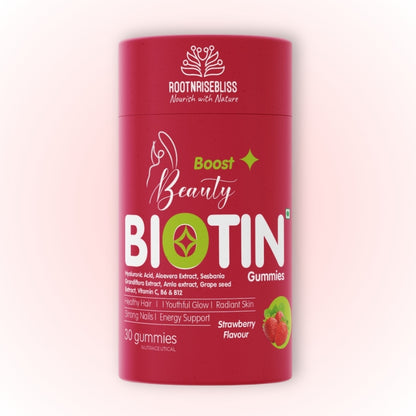 Beauty Biotin Gummies – Strawberry Flavour | With Hyaluronic Acid, Aloe Vera, Amla, Grape Seed & Vitamins C, B6, B12 | For Hair Growth, Glowing Skin & Strong Nails | 30 Vegetarian Gummies