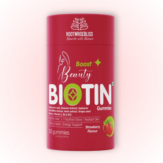 Beauty Biotin Gummies – Strawberry Flavour | With Hyaluronic Acid, Aloe Vera, Amla, Grape Seed & Vitamins C, B6, B12 | For Hair Growth, Glowing Skin & Strong Nails | 30 Vegetarian Gummies