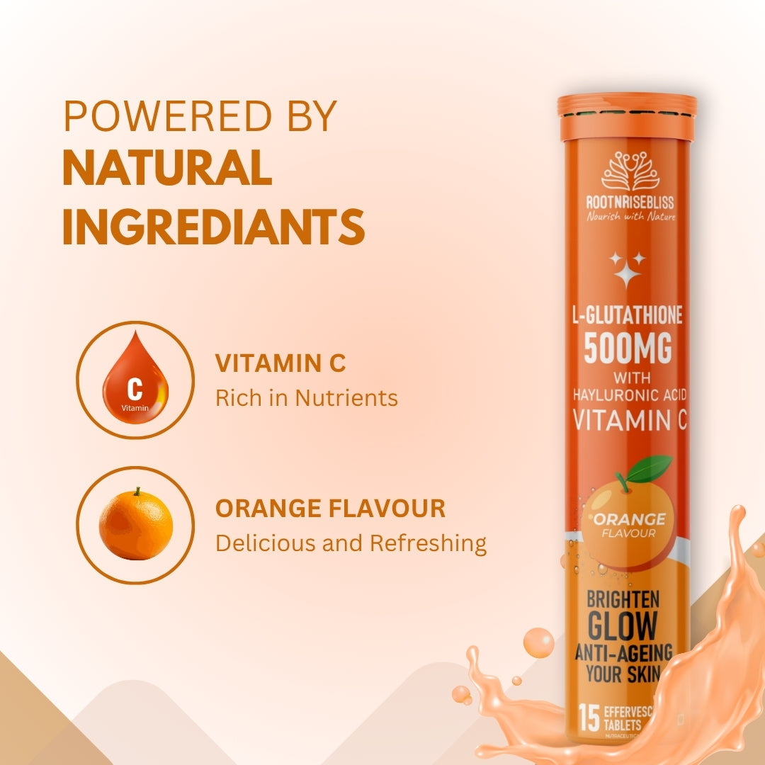 L-Glutathione Tablets with Vitamin C – Orange Flavour | Skin Brightening, Anti-Aging & Detox Support | Improves Skin Tone, Glow & Immunity | 60 Effervescent Tablets