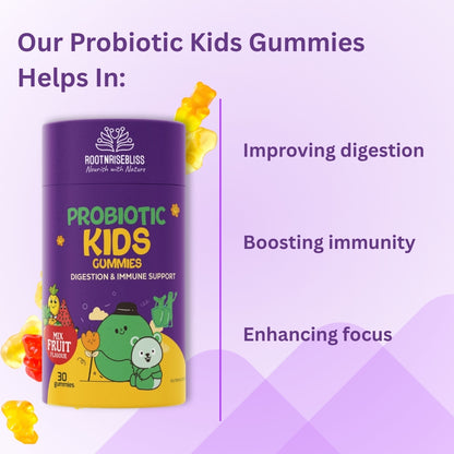 Probiotic Kids Gummies – Mix Fruit Flavour | With Bacillus Coagulans, Bacillus Subtilis & Prebiotics | Supports Digestion, Immunity & Gut Health | 30 Natural Vegan Gummies