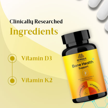 ROOTNRISEBLISS Bone Health Support Tablets – 60 Tablets | With Vitamin K2 MK7 & Vitamin D3 | Supports Strong Bones, Calcium Absorption & Joint Strength | Daily Bone & Immunity Supplement