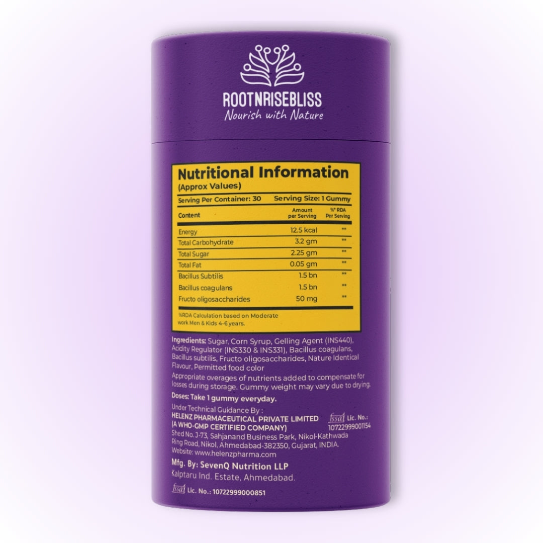 Probiotic Kids Gummies – Mix Fruit Flavour | With Bacillus Coagulans, Bacillus Subtilis & Prebiotics | Supports Digestion, Immunity & Gut Health | 30 Natural Vegan Gummies