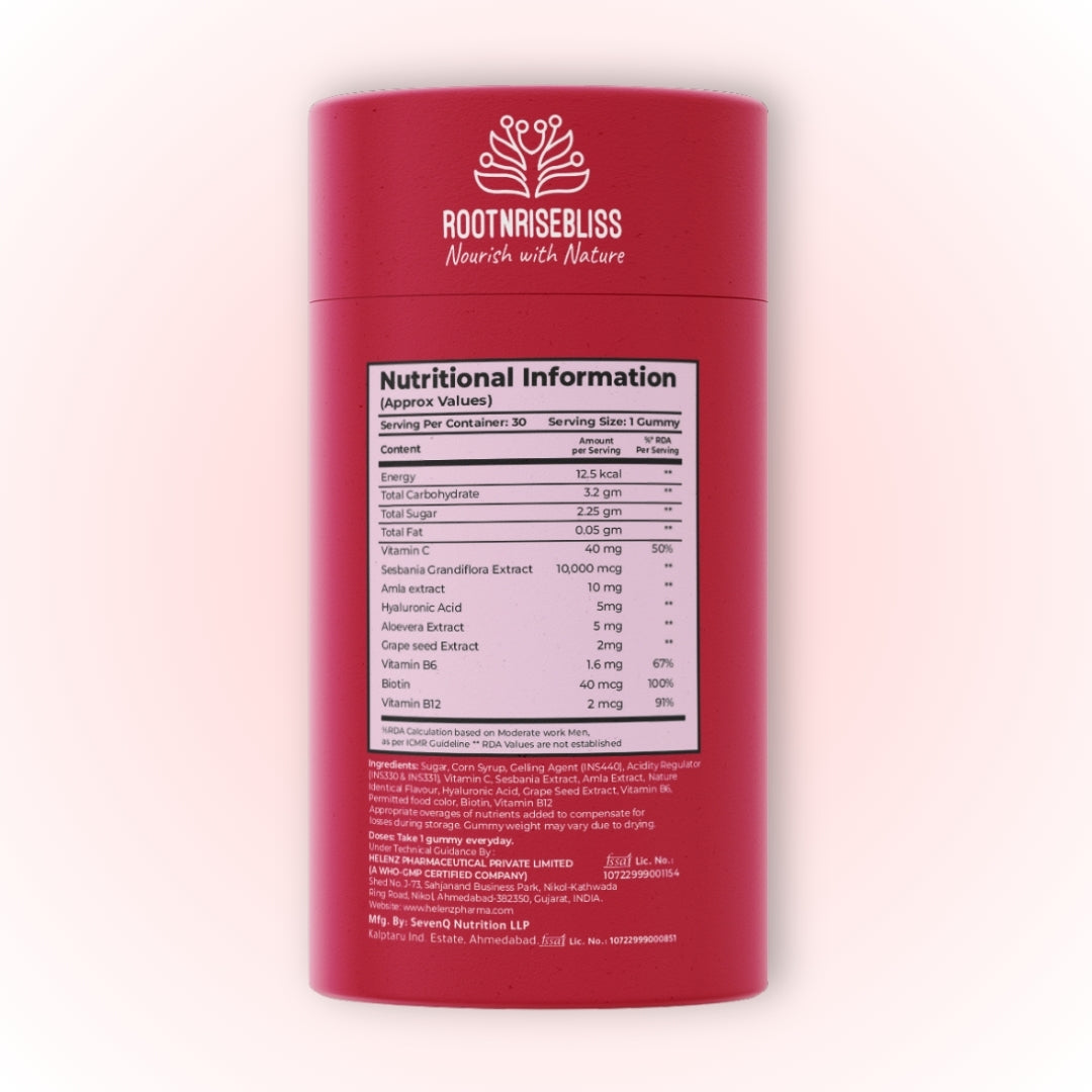 Beauty Biotin Gummies – Strawberry Flavour | With Hyaluronic Acid, Aloe Vera, Amla, Grape Seed & Vitamins C, B6, B12 | For Hair Growth, Glowing Skin & Strong Nails | 30 Vegetarian Gummies